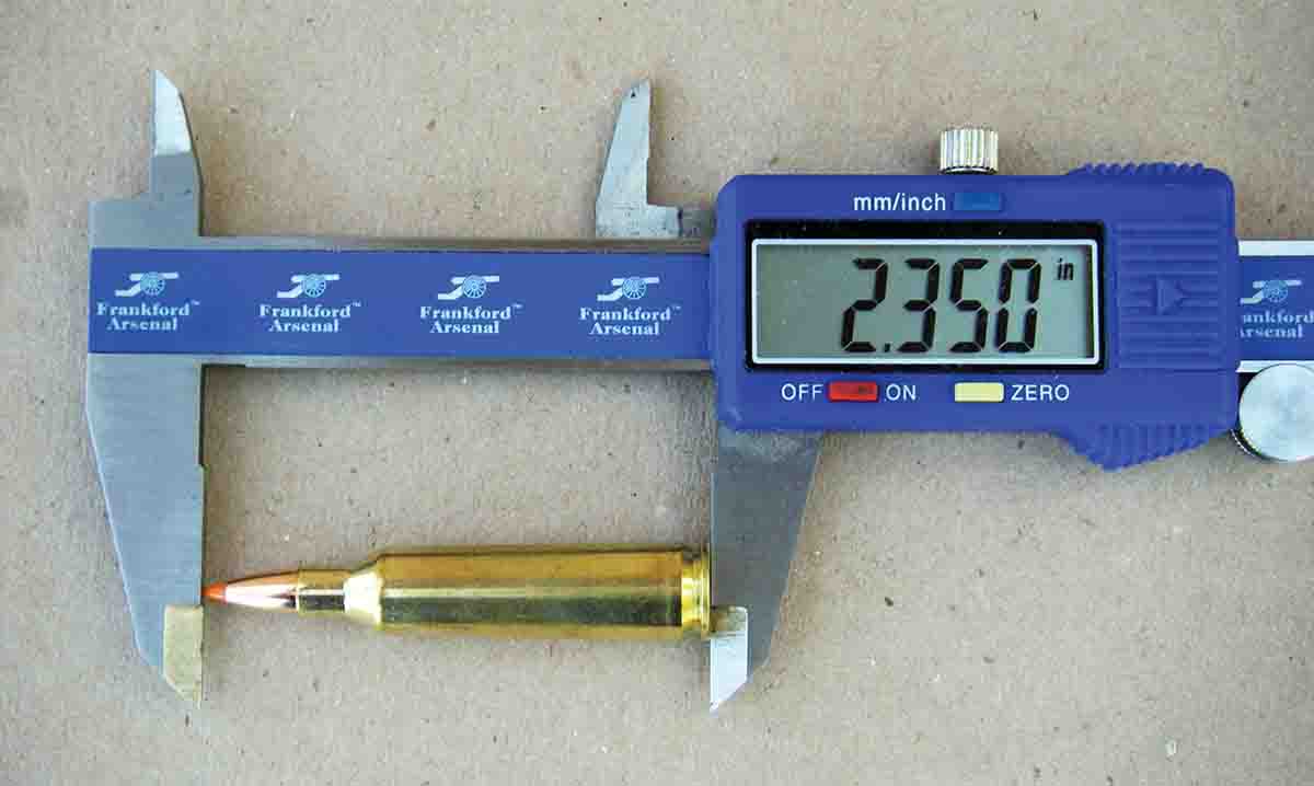 Maximum overall cartridge length for the .22-250 is listed at 2.350 inches.
